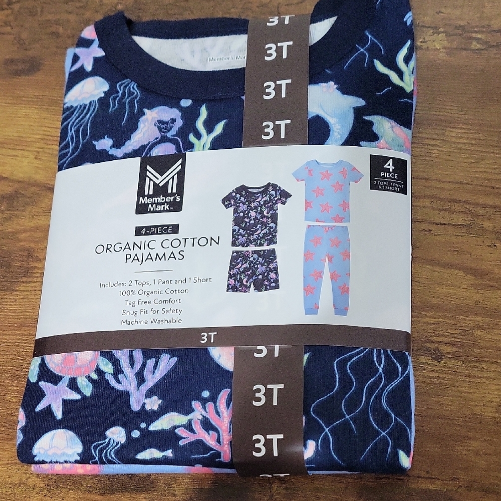 Girls 4 Piece Organic Cotton Pajamas Ocean Theme PJ Sizes 2T, 3T & 4T NWT